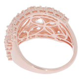 Back view of a rose gold ring showcasing an intricate lattice design and sparkling gemstones.
